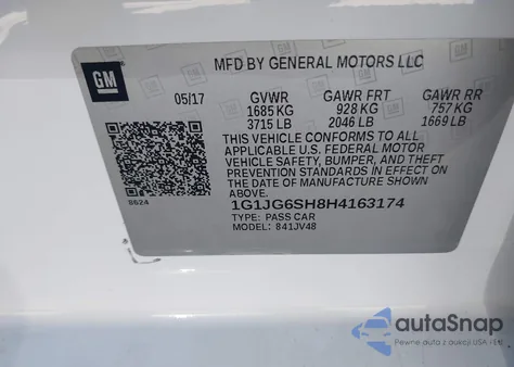 2017 Chevrolet Sonic Lt Auto z USA, uszkodzony, nr VIN 1G1JG6SH8H4163174
